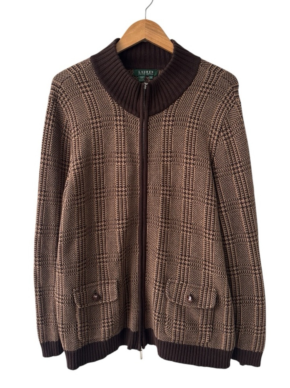 Lauren Ralph Lauren Women’s Brown Plaid Zip Front Cotton Sweater Cardigan 3X